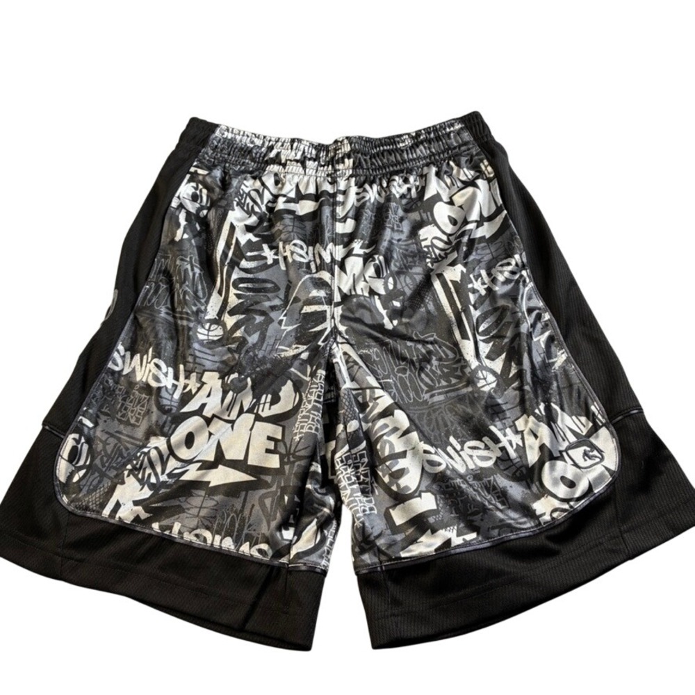 AND1 Mens Size Medium Graffiti Print Basketball Shorts Black Grey Mesh Wide Hem